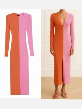 Staud Shoko Two-Tone Long Sleeve Ribbed Midi Sweater Dress Pink Orange Small